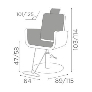 MakeUpstuhl-Design mit verstellbarer Höhe und Lehne, Maße für Sitzkomfort und Ergonomie. Ideal für Salons.