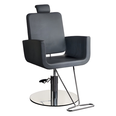 Moderner Makeupstuhl mit verstellbarer Kopfstütze und Chromgestell, perfekt für komfortable Salon-Einrichtungen.