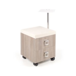 Moderner Manikürwagen mit zwei Schubladen und kleinem Tischaufsatz, auf Rollen, in hellem Holzdesign.