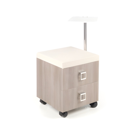 Moderner Manikürwagen mit zwei Schubladen und kleinem Tischaufsatz, auf Rollen, in hellem Holzdesign.