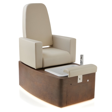 Luxuriöser Pediküre-Stuhl mit beige Polsterung und Fußbad, ideal für Spa- und Schönheitsanwendungen.