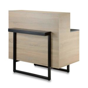 Moderner Empfangstresen aus Holz mit schwarzem Metallgestell