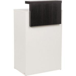 Moderner weißer Empfangstresen mit dunklem Holzaufsatz, minimalistisches Design für Haarsalons oder Praxisempfang.