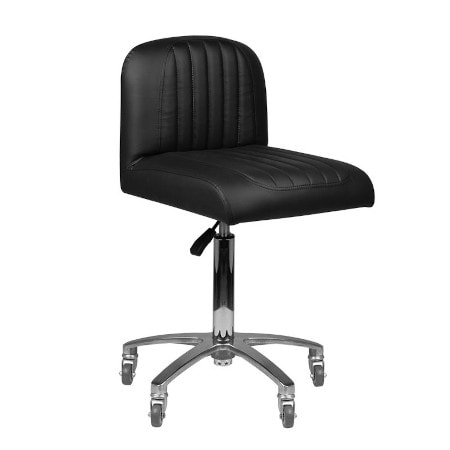Schwarzer Leder-Rollhocker mit verstellbarer Höhe, ideal für Büros und Salons.