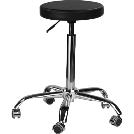Höhenverstellbarer, schwarzer Drehhocker mit Chromfuß und Rollen, ideal für Büro oder Salon.