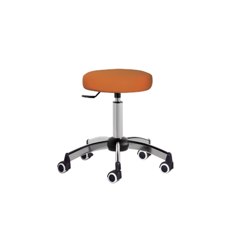 Höhenverstellbarer, oranger Rollhocker mit Metallfuß; ideal für Büro oder Praxis.