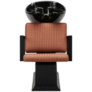 Moderner Friseurstuhl mit integriertem Waschbecken, braun gepolstert, ideal für komfortable Salonerlebnisse.