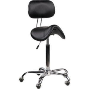 Schwarzer ergonomischer Sattelhocker mit verstellbarer Rückenlehne und Rollen auf Metallgestell