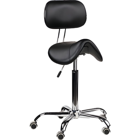 Schwarzer ergonomischer Sattelhocker mit verstellbarer Rückenlehne und Rollen auf Metallgestell