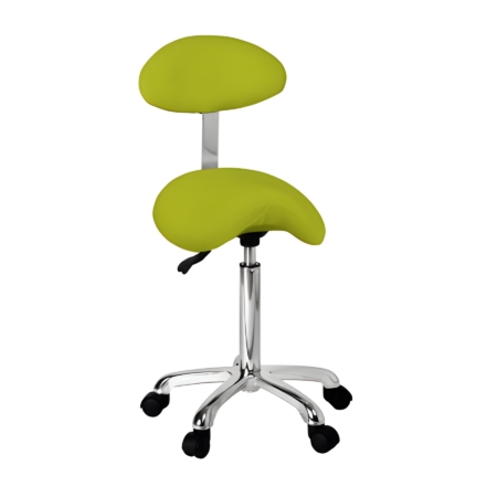 Ergonomischer grüner Rollhocker mit Sattelsitz, verstellbarer Höhe und stabilem Chromfuß für optimalen Komfort