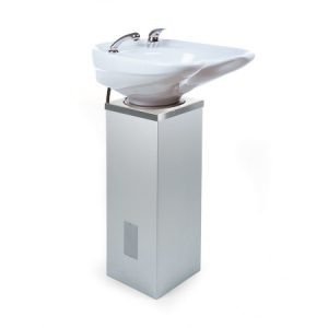 Moderner Friseursalon-Waschbecken auf Säule, weißes Keramik, ideal für komfortables Haarwaschen und stilvolles Saloninterieur.