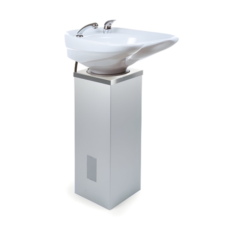 Moderner Friseursalon-Waschbecken auf Säule, weißes Keramik, ideal für komfortables Haarwaschen und stilvolles Saloninterieur.
