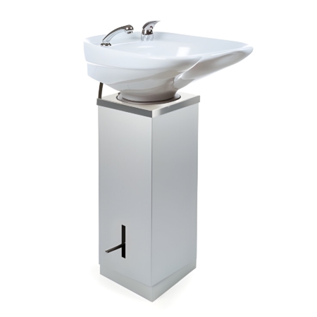 Moderner Friseursalon-Waschbecken auf Säule, weißes Keramik, ideal für komfortables Haarwaschen und stilvolles Saloninterieur.