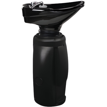 Tragbares schwarzes Haarwaschbecken mit flexiblem Schlauch, ideal für den mobilen Friseurbedarf und einfache Haarpflege.