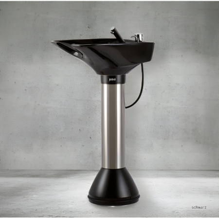 Moderne, schwarze Standwaschsäule mit Edelstahlfuß vor grauer Wand, ideal für Salons und Spa-Einrichtungen.
