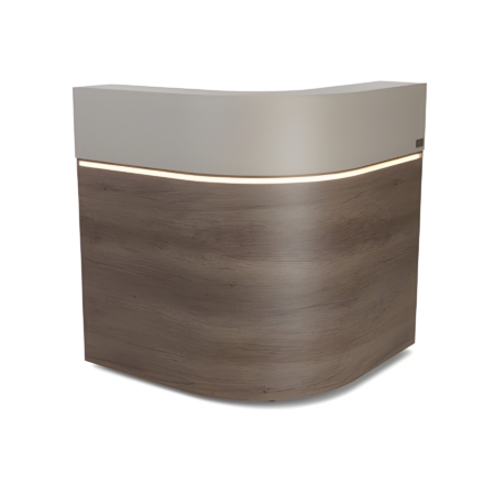 Moderne Empfangstheke aus Holz mit Beleuchtung, ideal für Empfangsbereiche. Elegantes Design mit Holzoptik.
