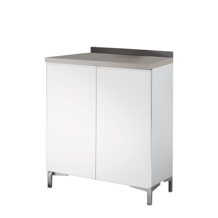 Moderner weißer Laborschrank mit Metallakzenten, praktischer Stauraum für stilvolle Salonorganisation.