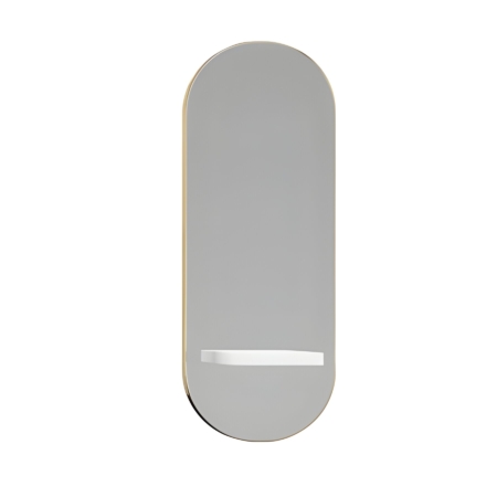 Ovaler Wandspiegel mit integriertem Regal, elegantes modernes Design, ideal für Haarsalon, minimalistisch.