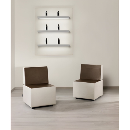 Moderne Lounge-Ecke mit zwei minimalistischen Stühlen und stilvollem Regal im Hintergrund, ideal für schicke Innenräume.