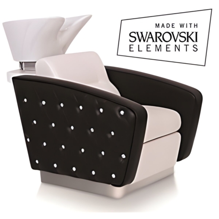 Luxuriöse Waschanlage mit Swarovski-Elementen, schwarz-weiße Polsterung, ideal für exklusive Salons.