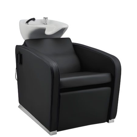 Moderner Friseur-Waschstuhl mit schwarzem Sitz und integriertem weißen Waschbecken für Salonkomfort und Funktionalität.