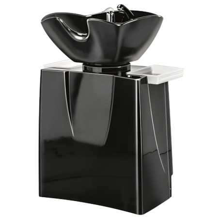 Schwarzes Friseurwaschbecken mit modernem Design, ideal für Salons, mit integriertem Wasserhahn und Ablagefläche.