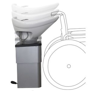 Höhenverstellbares Waschbecken für Rollstuhlfahrer, ideal für Barrierefreiheit in Friseursalons und Pflegeeinrichtungen.