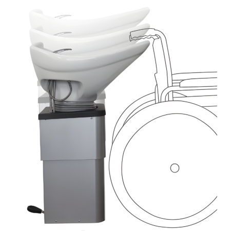 Höhenverstellbares Waschbecken für Rollstuhlfahrer, ideal für Barrierefreiheit in Friseursalons und Pflegeeinrichtungen.