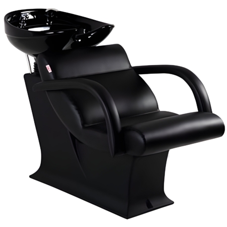 Schwarzer Waschsessel, ideal für Salons. Ergonomisches Design für Komfort und Stil.