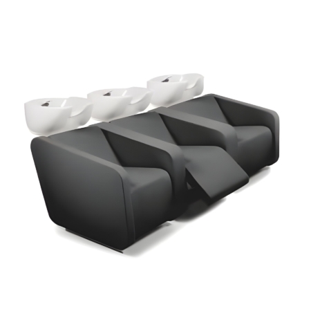 Schwarzes Waschsofa mit weißen Waschbecken, moderne Salonmöbel für Haarpflege und Komfort.