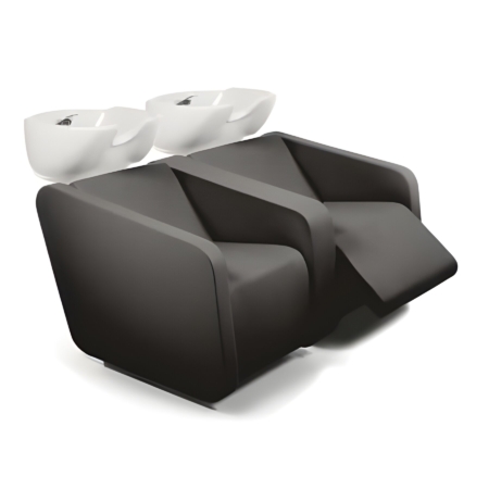 Schwarzes duales Waschsofa mit weißen Waschbecken, moderne Salonmöbel für Haarpflege und Komfort.