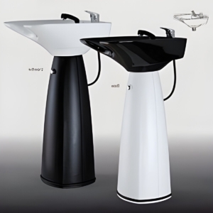 Schwarzes und weißes Waschbecken für Friseure mit moderner, stilvoller Säulengestaltung und integriertem Wasserhahn.