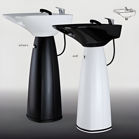 Schwarzes und weißes Waschbecken für Friseure mit moderner, stilvoller Säulengestaltung und integriertem Wasserhahn.