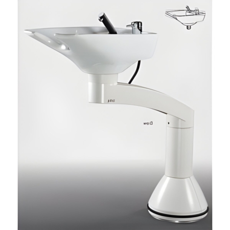 Moderner, weißer, freistehender Friseurrückwärtswaschbecken, verstellbar, ideal für Salons, mit integriertem Wasserhahn.