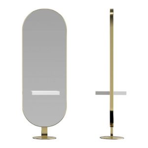 Goldener ovaler Standspiegel mit elegantem Rahmen, Vorder- und Seitenansicht, moderner Stil für stilvolle Inneneinrichtung.