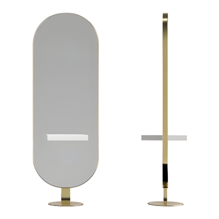 Goldener ovaler Standspiegel mit elegantem Rahmen, Vorder- und Seitenansicht, moderner Stil für stilvolle Inneneinrichtung.
