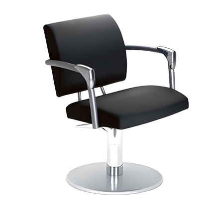 Moderner schwarzer Friseurstuhl mit verchromten Armlehnen und rundem Sockel für komfortable Salon-Einrichtung.