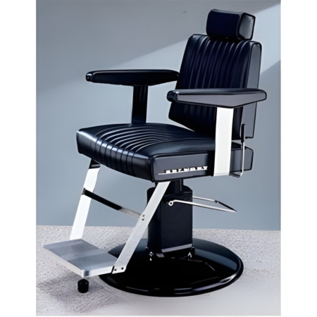 Schwarzer Friseurstuhl mit verstellbarer Rückenlehne und Fußstütze auf grauem Boden, ideal für Saloneinrichtung.