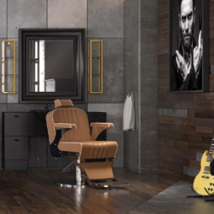 Stilvoller Barbershop mit hochwertiger Einrichtung, Barberstühlen und Bedienplätzen, als Komplettset für moderne Herrensalons.