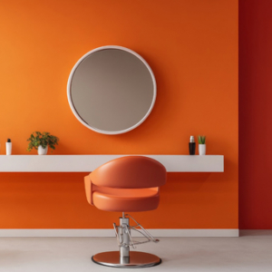 Ein orangefarbener Friseurstuhl steht neben einem weißen Tisch. An der orangefarbenen Wand hängt ein runder Spiegel in einem weißen Rahmen.