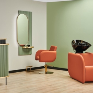 Friseureinrichtung Komplettset mit Friseurplatz, Stuhl und Waschbecken, als Komplett Paket für moderne Friseursalons.