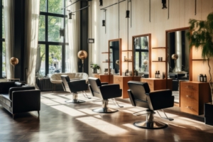 Moderner Friseursalon mit stilvollen schwarzen Stühlen und großen Fenstern, die viel natürliches Licht hereinlassen.