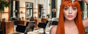 Frisörsalon mit stilvollen Holzmöbeln und schicker Frau mit scharlachrotem Haar, die Pony selbst schneidet.