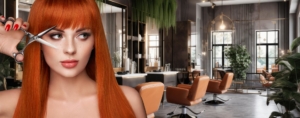 Rothaarige Frau mit Schere im modernen Friseursalon, stilvolle Atmosphäre, Innenansicht mit Pflanzen und Spiegeln.