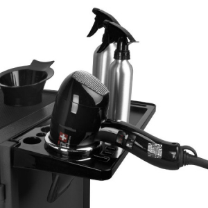 Schwarzer Friseurwagen mit Rollen, fünf Schubladen, offenem Fach und verschließbarer Tür. Ideal für Salons und Friseurbedarf.