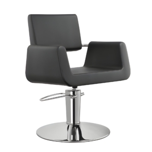 Moderner Friseurstuhl mit Polsterung in Schwarz und verchromter Basis, ideal für Salons und stilvolles Ambiente.
