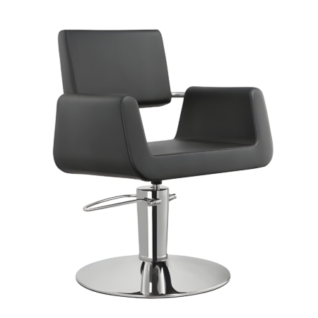 Moderner Friseurstuhl mit Polsterung in Schwarz und verchromter Basis, ideal für Salons und stilvolles Ambiente.