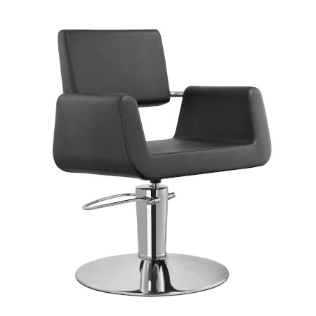 Moderner Friseurstuhl mit Polsterung in Schwarz und verchromter Basis, ideal für Salons und stilvolles Ambiente.