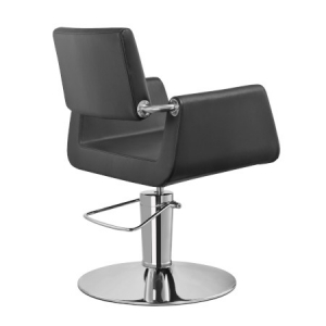 Moderner schwarzer Friseurstuhl mit stabiler Chrombasis, ideal für Schönheitssalons oder Friseure.