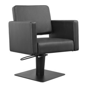 Schwarzer Friseurstuhl mit moderner, quadratischer Form und verstellbarer Höhe, ideal für Salons.
